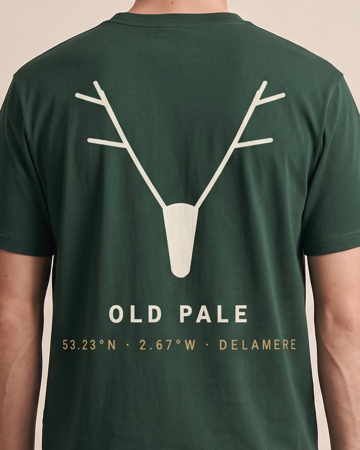 Close-up of the antler print on the back of The Old Pale Tee
