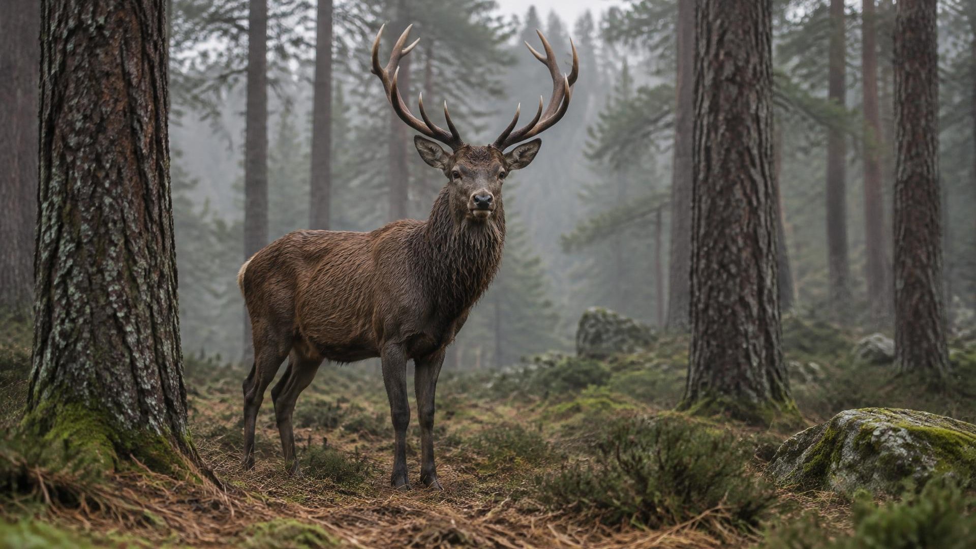 A red deer stag among pines in morning mist
